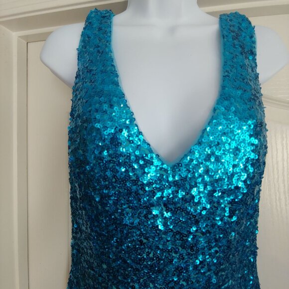 Morgan & Co Aqua Marine Mermaid Prom Formal Sequin Sparkly Gown Mesh Dress 11 - Picture 4 of 14